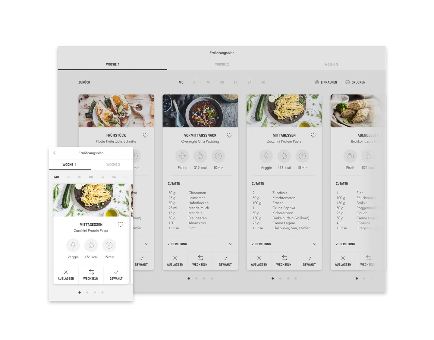 Schlanke Rezepte Ernährungsplan Plan mit Mahlzeiten (Desktop responsive Ansicht Beispiel Tag)